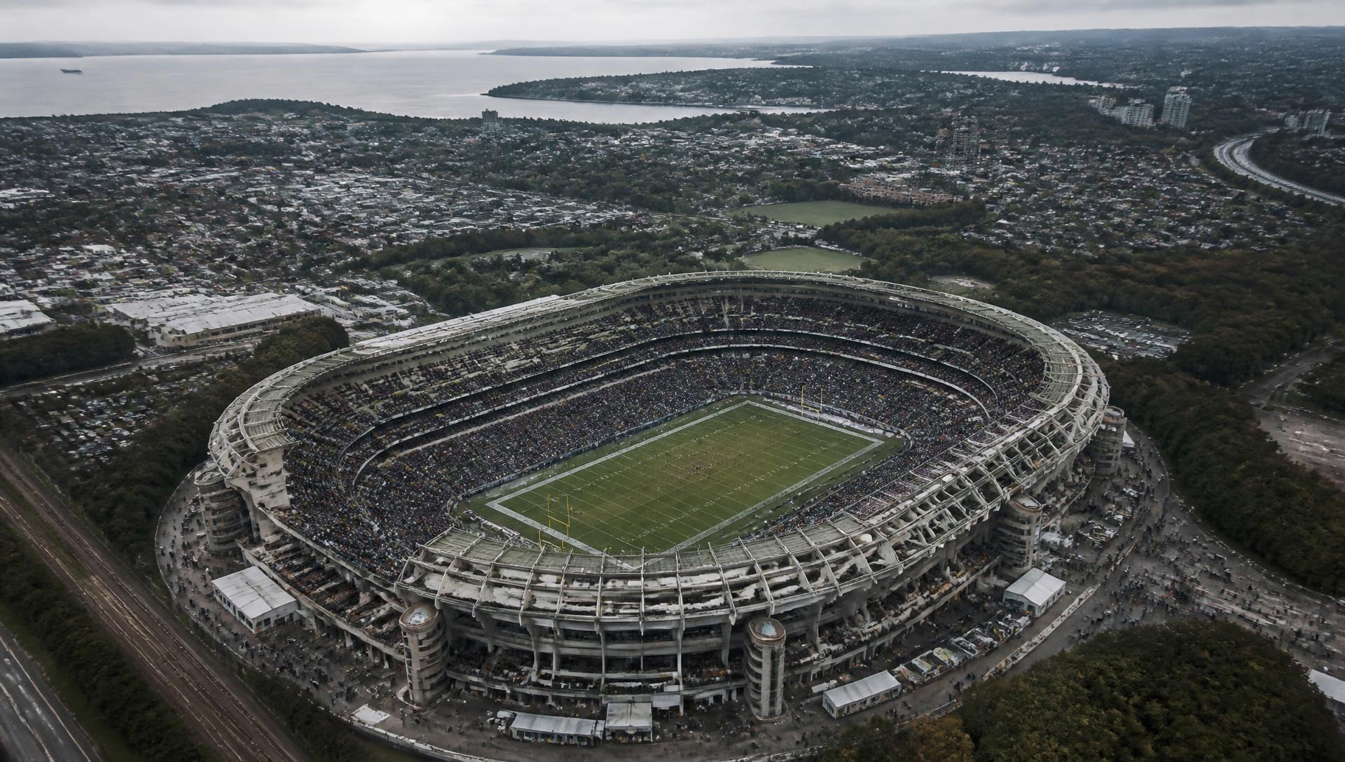 Aerial view of a full football stadium